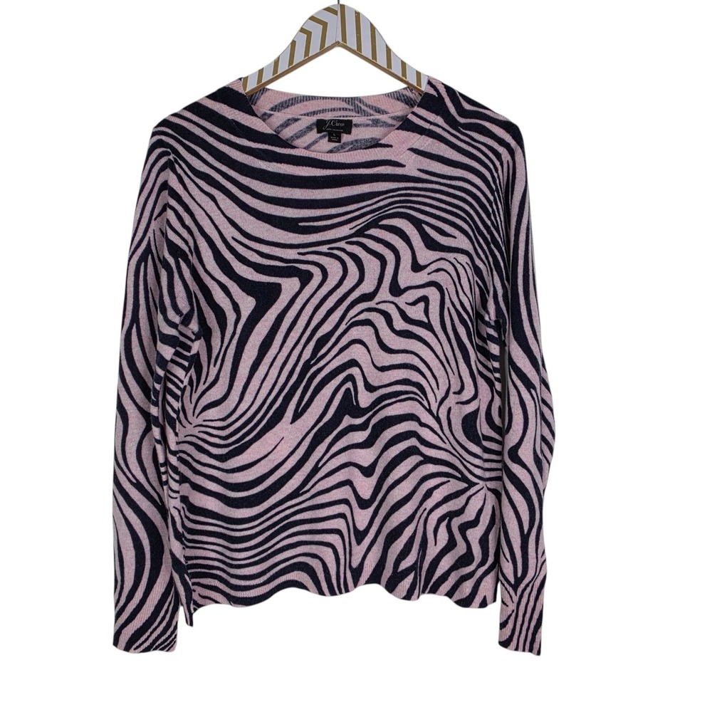 J. CREW Sweater Womens Medium Pink Zebra 100% Cashmere Crewneck Animal Print